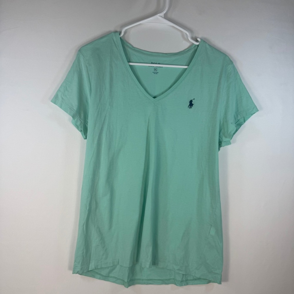 Polo Ralph Lauren Womens Mint Green V-Neck Cotton T-Shirt XL Navy Pony Logo